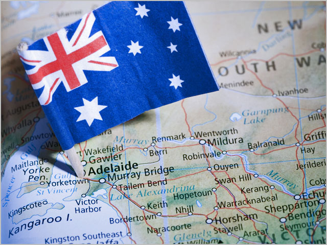 Close up of a map with a flag marking Adelaide, Australia,